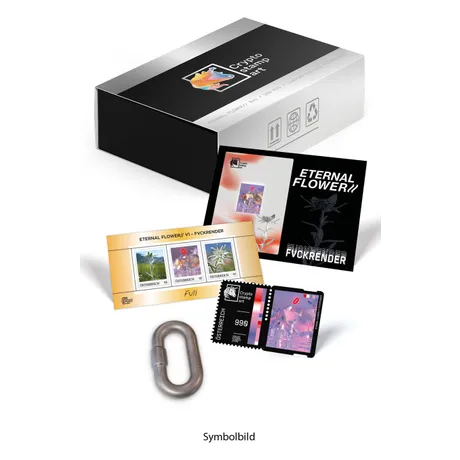 Austrian Post Crypto Stamp Art set 'Eternal Flower' with stamps, collector's box, and metal chain link.