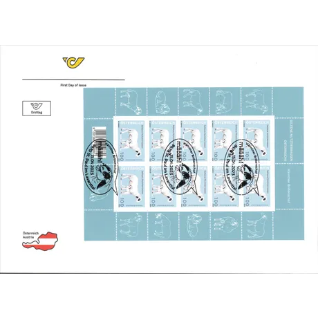 a47ced96517f75de982d9ee474dd7051b62faeb7.jpg Austrian Post first day sheet, 2023, featuring 'Carinthian Blond Sheep' stamps, nominal value 1.00 Euro each.