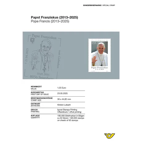 ABH_PAPST FRANZIKUS_06_25_2_Frei Briefmarke Österreich 2025, Nominale 1,55 Euro: Papst Franziskus (2013–2025) mit winkender Geste.
