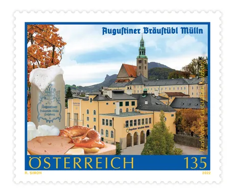 83e892bd6de25c08930f6b5a13e69eac6a3f6796.jpg Briefmarke Österreich 2022, Nominale 1,35 Euro: Augustiner Bräustübl Mülln in Salzburg mit Bier und Brezel.