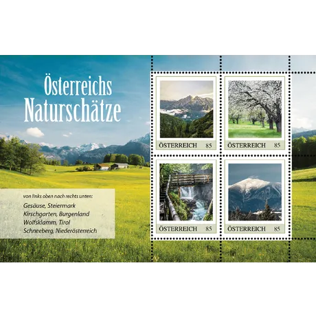 85a8f96b4fcacf529fb8648a7ebcedd7d0a11cfd.png Austrian Post stamp sheet 'Austria's Natural Treasures' 2023, €0.85 each: Gesäuse, Kirschgarten, Wolfsklamm, Schneeberg.