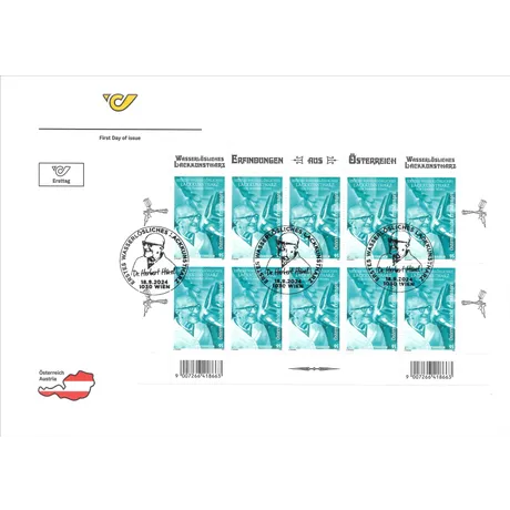 9224790_09-2024 Ersttagsbrief mit Briefmarken Österreich 2024, Nominale 0,95 €: Dr. Herbert Hönel und Erfindung wasserlösliches Lackkunstharz.