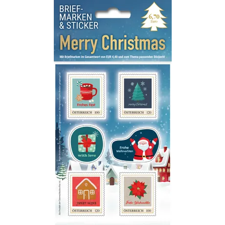 Briefmarken- und Sticker-Set Merry Christmas mit fünf festlichen Motiven rote Tasse mit Zuckerstange Weihnachtsbaum Lebkuchenhaus Weihnachtsstern und Santa Claus zwei Marken mit Nominale 100 zwei Marken mit Nominale 120 Gesamtwert 4,40 Euro Österreich Ausgabe Serie Weihnachten Preis 6,70 Euro
