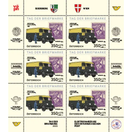 c9ec72b79d5ae9dcf9a5f2f1b88b16d1fad8a0dd.jpg Austrian Post stamp sheet 2023, 'Day of the Stamp': 6 stamps showing a historic Post vehicle and postman, 3.50+1.75€.
