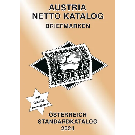 Ank_standard_2024 Titelbild des Austria Netto Katalogs 2024 mit österreichischen Briefmarken, darunter eine FIS-Wettkampfmarke von 1933.