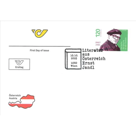Ersttagskuvert zur Briefmarke „Ernst Jandl“ mit gelbem Logo oben links und dem Text „First Day of Issue“. Enthält ein grünes Sonderpostwertzeichen zu 120 Cent mit dem Porträt von Ernst Jandl und dem Aufdruck „ERSTTAG“. Der Sonderstempel vom 15.10.2025 aus 1060 Wien trägt die Aufschrift „Literatur aus Österreich – Ernst Jandl“. Im Hintergrund ist eine rot-weiß dargestellte Österreich-Karte mit dem Text „Österreich Austria