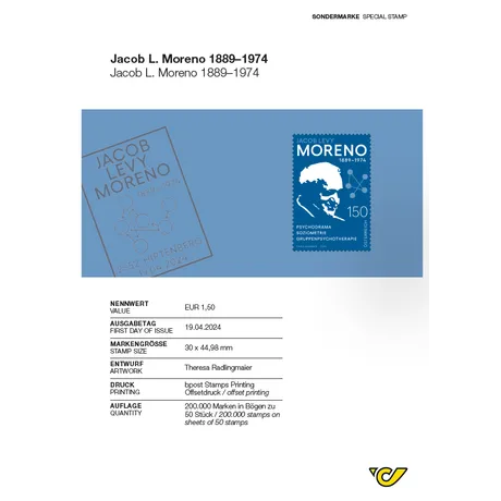 Jacob_L_Moreno_ABH Briefmarke Österreich 2024, Nominale 1,50 €: Jacob L. Moreno, Würdigung von Psychodrama und Gruppentherapie.