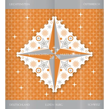5e6c46d406f76a2a1b09aebce98e6c2b252d7680.jpg Briefmarke Österreich 2020, Weihnachten Multilaterale, mit orange-weißem Sternmotiv und Nachbarländern.