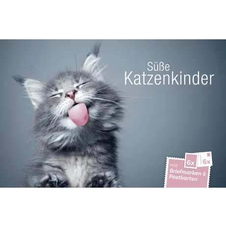 Austrian Post product: 'Cute Kittens' set with 6 stamps and 6 postcards, featuring a kitten licking its nose.