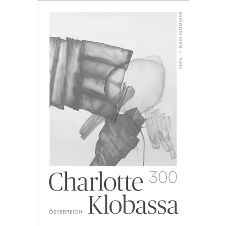 Austrian Post stamp 2024, nominal value 3.00 euros: abstract artwork by Charlotte Klobassa in grayscale.