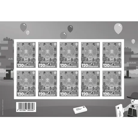 29cac2822d719df97d1ffcc595628983b10c8172.jpg Briefmarkenbogen Österreich 2022, Nominale 1,20 €: Riesenrad-Motiv im LEGO-Design mit Ballons im Hintergrund.
