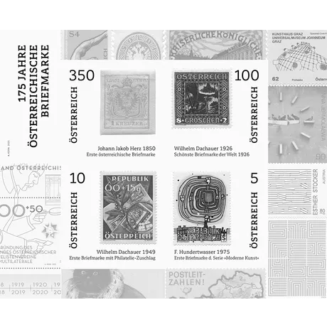 175 years of Austrian stamps A commemorative sheet for 175 years of Austrian stamps featuring historic designs from 1850 to 1975.