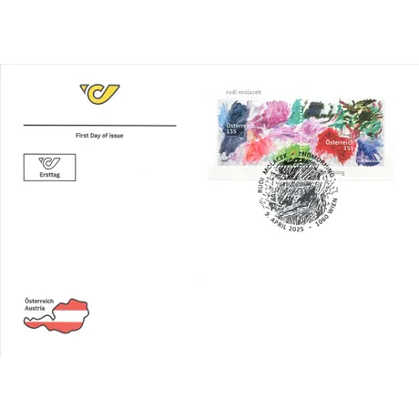 First Day Cover with Austrian Post stamp 'Austria 2025, Nominal 1.55 Euro: Rudi Molacek artwork' and special postmark.