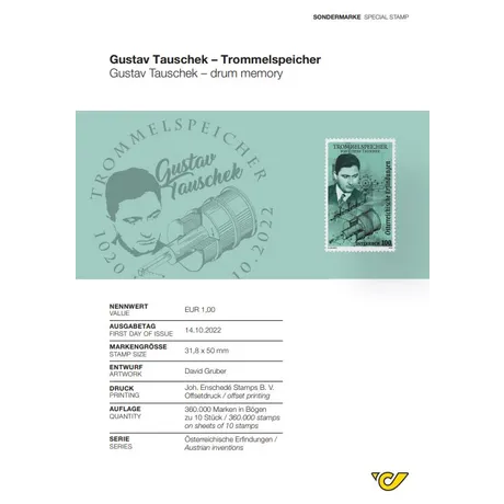 4095ff899b065b55cb5e4fb4043759f3aaae4292.jpg Sondermarke Österreich 2022, Nominale 1,00 €: Gustav Tauschek und Trommelspeicher, Teil der Serie 'Österreichische Erfindungen'.
