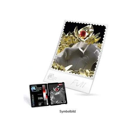 Briefmarke Österreich 2023, Nominale 9,90 Euro: Futuristisches Design mit goldenen und roten Elementen.