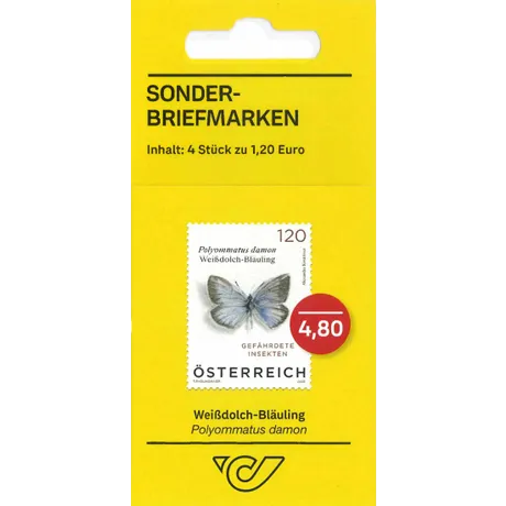 Austrian Post special stamp set, 4 stamps at €1.20 each, featuring the Damon Blue butterfly, endangered insects series.
