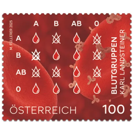 Briefmarke Österreich 2015, Nominale 1,00 Euro: Blutgruppen und Karl Landsteiner, roter Hintergrund mit Blutzellen.