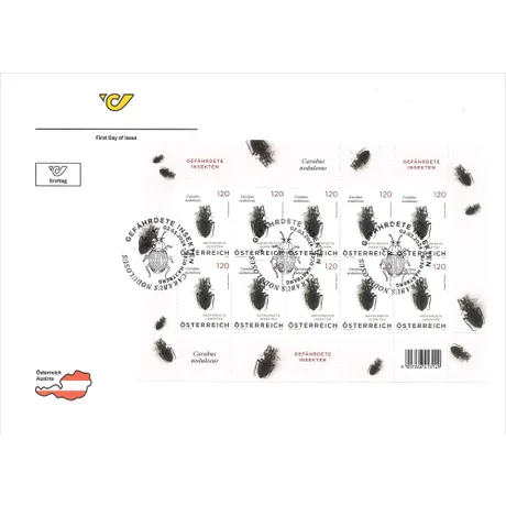 Austrian Post stamp sheet 2023, €1.20: 'Endangered Insects' featuring Carabus nodulosus, with first day cancellation.