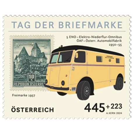 Austrian Post stamp 2024, 4.45+2.23 Euro: Yellow 1950s electric bus and 1957 stamp, 'Day of the Stamp'.