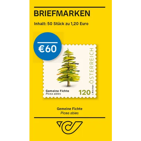 Austrian Post stamp set: 50 stamps at €1.20 each, featuring 'Norway Spruce' design, total price €60.