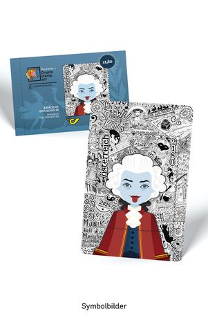 Crypto stamp mit buntem Porträt von Amadeus in rotem Gewand und weißer Perücke. Schwarzer Hintergrund mit Zeichnungen. Nominale 21,80, Österreich, Jahr 2025