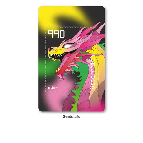 Briefmarke Österreich 2024, Nominale 9,90 Euro: Buntes Drachenmotiv mit lebhaftem Hintergrund.