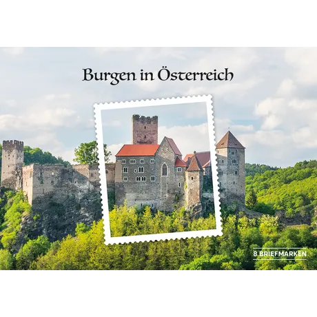 49cad09f57aa8ea7ea83915d95d5aa557ef88dfa.jpg Austrian Post stamp series 'Castles in Austria' featuring a castle surrounded by greenery, 8 stamps in total.
