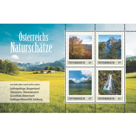 Austrian Post stamp sheet 'Austria's Natural Treasures' 2023, €0.85 each: Leithagebirge, Traunstein, Grundlsee, Gollinger Waterfall.