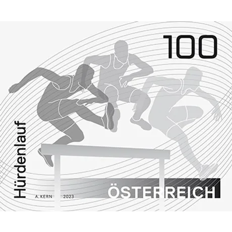 Austrian stamp 2023, nominal value 1.00 Euro: Hurdle race motif with dynamic runners in grayscale.