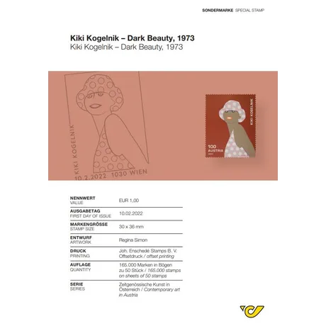 Briefmarke Österreich 2022, Nominale 1,00 €: &#039;Kiki Kogelnik – Dark Beauty, 1973&#039;, Serie zeitgenössische Kunst, roter Hintergrund.