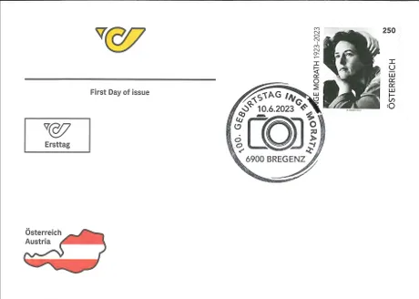First day cover with Austrian Post stamp 'Austria 2023, 2.50 Euro: 100th Birthday of Inge Morath' and special postmark from Bregenz.