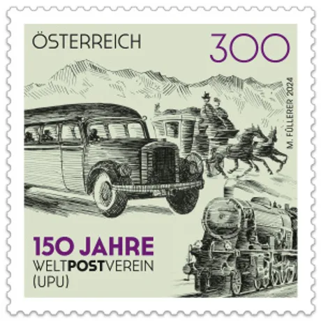 Briefmarke Österreich 2024, Nominale 3,00 Euro: 150 Jahre Weltpostverein, historische Transportmotive.