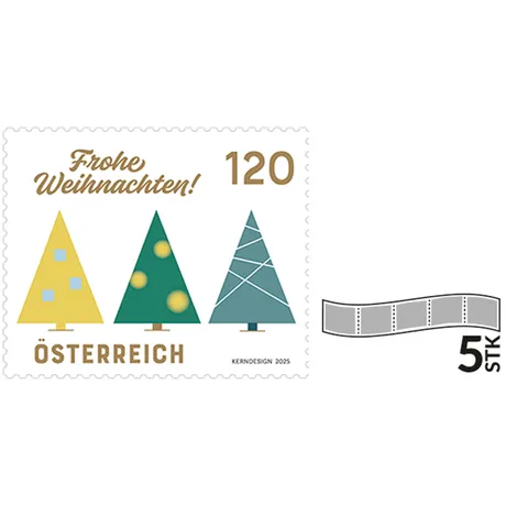 Briefmarkenrolle mit 5 Stück – Motiv: Drei stilisierte Weihnachtsbäume in Gelb, Grün und Blau mit der Aufschrift ‚Frohe Weihnachten!‘ und dem Wert 120. Gestaltung: KERNDESIGN 2025 Briefmarkenrolle mit 5 Stück – Motiv: Drei stilisierte Weihnachtsbäume in Gelb, Grün und Blau mit der Aufschrift ‚Frohe Weihnachten!‘ und dem Wert 120. Gestaltung: KERNDESIGN 2025