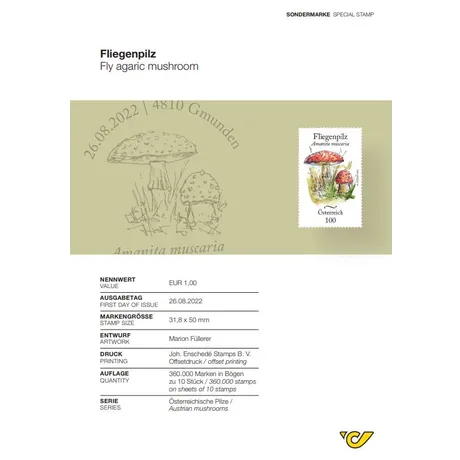 Briefmarke Österreich 2022, Nominale 1,00 €: Illustration des Fliegenpilzes, Teil der Serie Österreichische Pilze.
