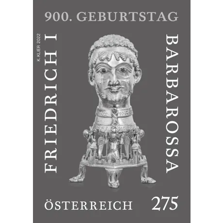Austrian stamp 2022, nominal value 2.75 euros: 900th birthday of Friedrich I Barbarossa, silver bust on gray background.