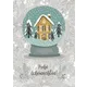 Postcard Merry Christmas shows a snow-covered house inside a snow globe surrounded by fir trees on a gray background with floral patterns elegant winter design text Merry Christmas at bottom
