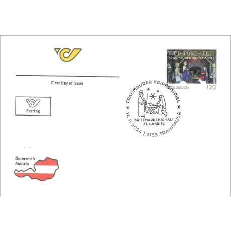 Ersttagsbrief mit Briefmarke Österreich 2024, Nominale 1,20 Euro: 'Weihnachten, Traismaurer Krippenspiel'.