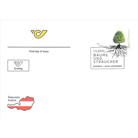 Austrian Post first day cover with stamp 'Austria 2025, Nominal 0.85 Euro: Trees and Shrubs' and special postmark.