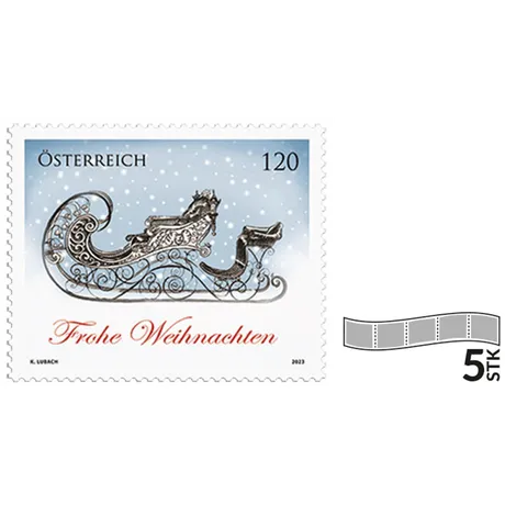 0183b16e3201e8d08bc1eb78976a70f89d224fee.png Briefmarke Österreich 2023, Nominale 1,20 Euro: Weihnachtsschlitten mit 'Frohe Weihnachten'-Text, Schneehintergrund.