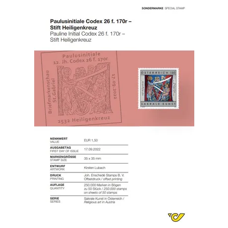 Briefmarke Österreich 2022, Nominale 1,50 €: Paulusinitiale Codex 26 f. 170r, Stift Heiligenkreuz, Sakrale Kunst.