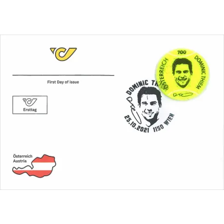 7dd5a9f91177bd2dbf45b96121a26021d37549ee.jpg Ersttagsbrief der Österreichischen Post mit Dominic Thiem Briefmarke (700 Eurocent, Tennisball-Design) und Sonderstempel, 25.10.2021.