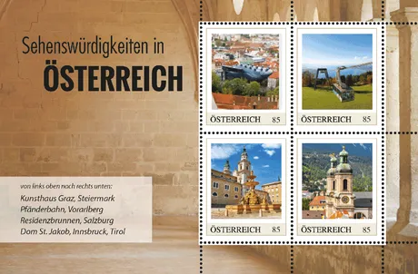 19abdc22195bc62a611748dc28572e2d0b63368e.png Briefmarkenblock Österreich 2023, Nominale 0,85 €: Kunsthaus Graz, Pfänderbahn, Residenzbrunnen Salzburg, Dom St. Jakob Innsbruck.