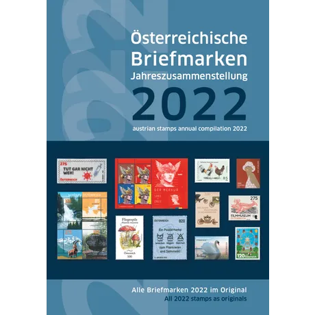 ff890e15ff99582de06eb201f5d7d41c76007290.jpg Titelbild der Jahreszusammenstellung 2022 der Österreichischen Post mit Original-Briefmarken zu verschiedenen Themen.