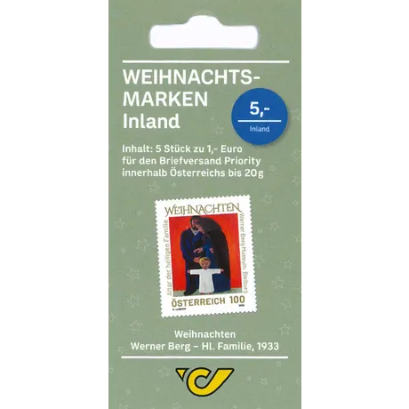 Weihnachtsmarken-Set der Österreichischen Post, 5 Briefmarken zu je 1 €, Motiv: Werner Berg 'Hl. Familie', 2022.