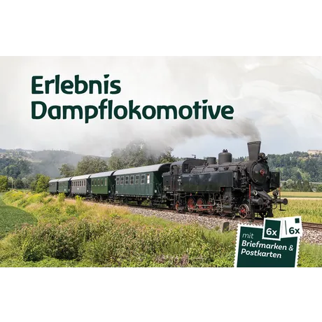 Österreichische Post-Werbung: Dampflokomotive auf einer Strecke, inkl. 6 Briefmarken und 6 Postkarten.