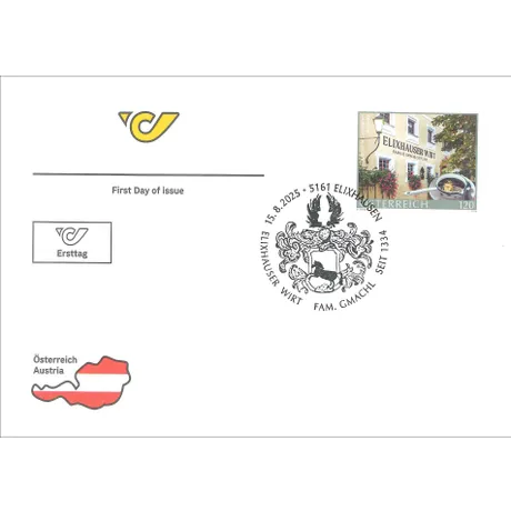 First day cover with Austrian Post stamp 'Austria 2025, 1.20 Euro: Elixhauser Wirt' and special postmark.