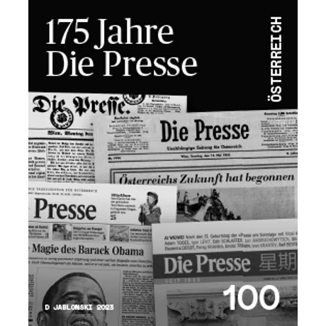 Briefmarke Österreich 2023, Nominale 1,00 Euro: 175 Jahre 'Die Presse', schwarz-weißes Design.