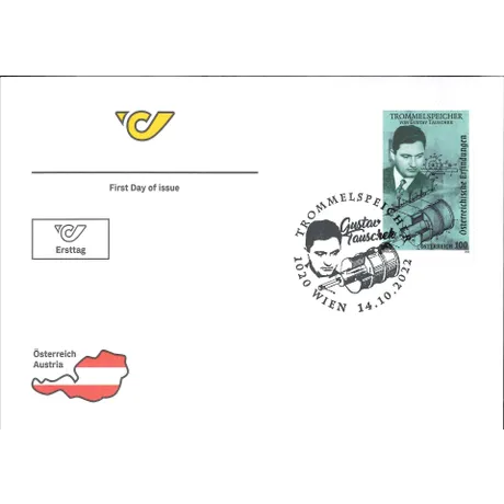 Austrian Post first day cover with 2022 stamp, €1.00: Gustav Tauschek and drum memory invention.