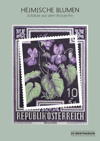 124603_ME20_Postarchiv_Folder_fW_shop Titelbild einer Briefmarkensammlung der Österreichischen Post: Veilchen, Thema 'Heimische Blumen', 20 Briefmarken.