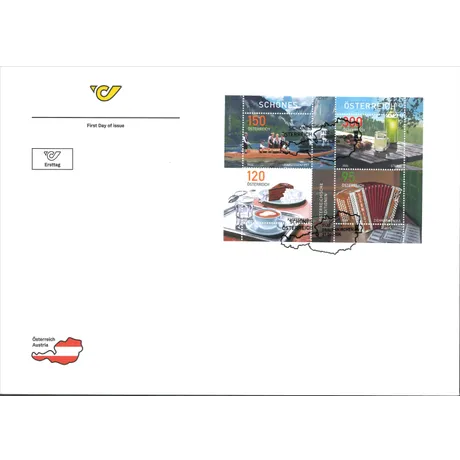 FDC_tradition_0624 Ersttagsbrief mit Briefmarken Österreich 2024: 1,50€ Narzissenfest, 1,20€ Kaffeehaus, 0,95€ Ziehharmonika, 2,90€ Sturm.